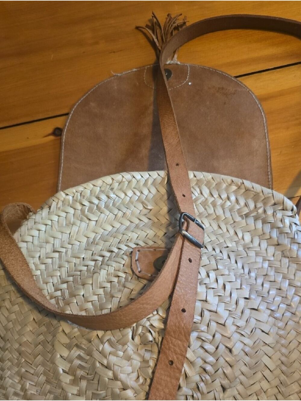 Woven Straw Circle Adjustable Crossbody Bag with Tan Leather Tassel Flap - Picture 10 of 10